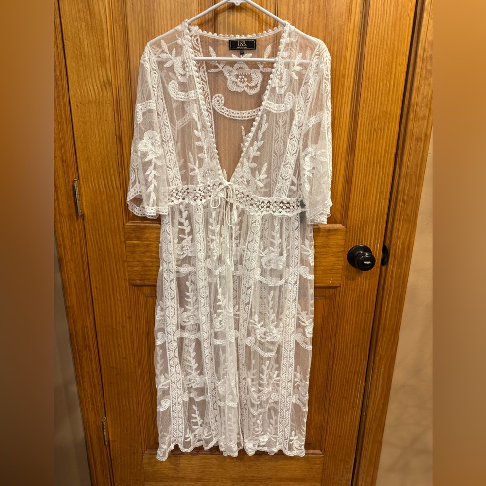 Lucky & Blessed L&B Ivory Cowboy Western Boho Duster Kimono Lace Embroidered, XL